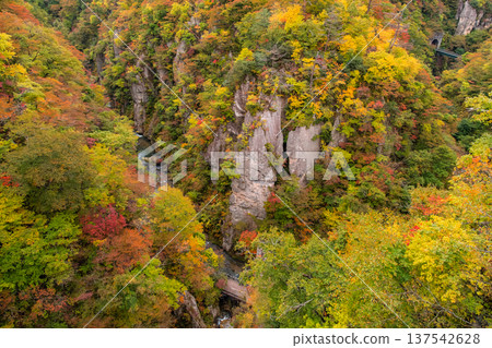 從宮城縣大崎市大深澤橋上可以看到鳴子峽谷的 V 字形山谷和該地區的自然美景。 137542628