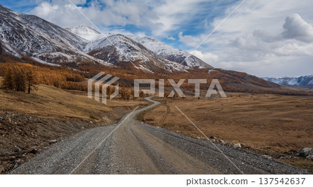 Scenic dirt road through autumn landscape with snowy mountains and trees Scenic dirt road through autumn landscape with snowy mountains and trees 137542637