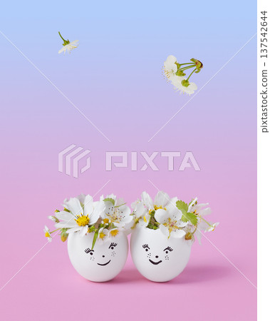 White Easter eggs with funny face with spring pear and strawberry flowers on a pink blue gradient background. Happy Easter concept. Greeting card. White Easter eggs with funny face with spring pear and strawberry flowers on a pink blue gradient background. Happy Easter concept. Greeting card. 137542644