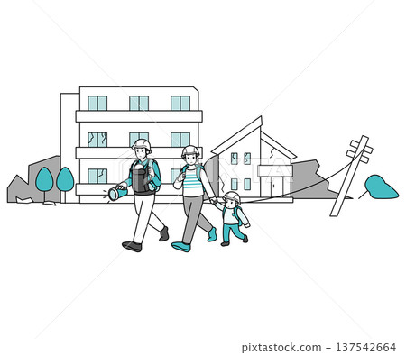 Family evacuating due to disaster, helmets included Family evacuating due to disaster, helmets included 137542664