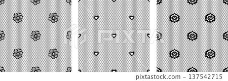 Lace Vintage Seamless Pattern Set Ornate Coquette Girly Flower Heart Vector Background For Greeting Card And Invitation. Love Wedding Romantic Guipure 137542715