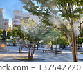 Kofu Station North Exit Square in summer, where mist is sprayed to combat the heat. 137542720