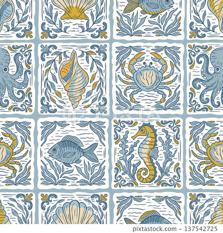 Mediterranean Sea Delft Tiles Seamless Vector Tile Pattern with Seahorse, Octopus, Crabs, Shells and Fish in Handdrawn Vintage Sketch 137542725