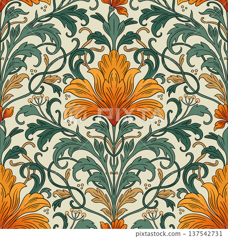 Art Nouveau Seamless Pattern With Vintage Iris Flowers And Antique Ornamental Leaves Art Nouveau Seamless Pattern With Vintage Iris Flowers And Antique Ornamental Leaves 137542731