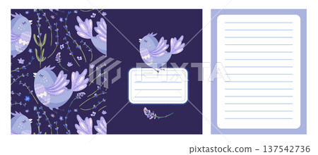 Cute Bird Lavender Notebook Cover Set With Seamless Pattern And Blank Lined Page Cute Bird Lavender Notebook Cover Set With Seamless Pattern And Blank Lined Page 137542736