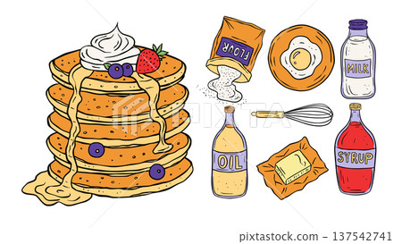 Pancake Breakfast Vector Set In Sketch Retro Doodle Style Cartoon Food Illustration 137542741