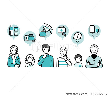 Illustration of a three-generation family thinking about disaster prevention supplies Illustration of a three-generation family thinking about disaster prevention supplies 137542757