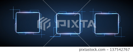 Three digital frames are placed side by side on a dark background. Each frame has glowing edges and grid lines. The design shows space for content inside each frame. Three digital frames are placed side by side on a dark background. Each frame has glowing edges and grid lines. The design shows space for content inside each frame. 137542767