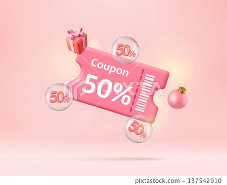 3D Coupon with Floating Discount Bubbles. 3D Coupon with Floating Discount Bubbles. 137542910
