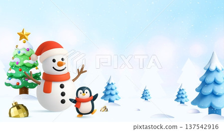 3d Snowman and penguin in festive winter scene 137542916