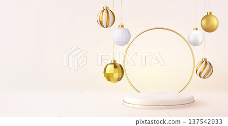 3d Christmas podium scene with golden ornaments 137542933