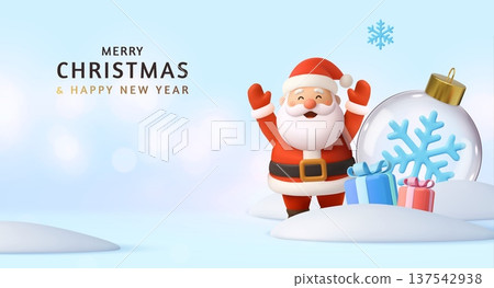 3d Santa Claus with Gifts and Snowflake Bauble 3d Santa Claus with Gifts and Snowflake Bauble 137542938