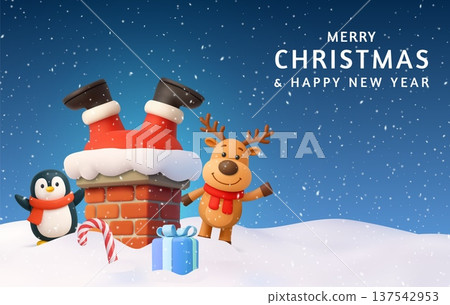 3D Christmas scene with Santa stuck in chimney. 3D Christmas scene with Santa stuck in chimney. 137542953