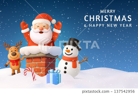 3D Santa waving from chimney with snowman and reindeer 137542956