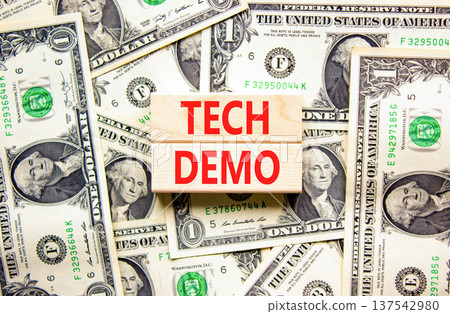 Tech demo symbol. Concept word Tech demo on beautiful wooden blocks. Dollar bills. Beautiful dollar bills background. Business tech demo concept. Copy space. 137542980