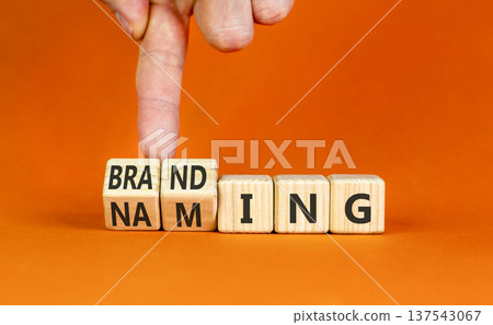 Branding or naming symbol. Concept words Branding Naming on beautiful wooden blocks. Beautiful orange background. Businessman's hand. Business branding or naming concept. Copy space. 137543067
