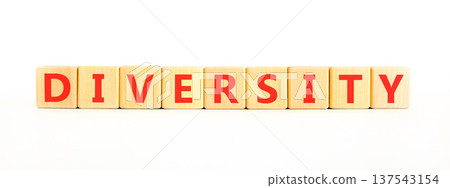 Diversity symbol. Concept words Diversity on beautiful wooden blocks. Beautiful white background. Business support diversity DEI concept. Copy space. 137543154