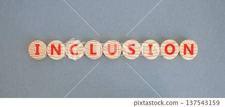 Inclusion symbol. Concept words Inclusion on beautiful wooden circles. Beautiful grey background. Business support inclusion concept. Copy space. Inclusion symbol. Concept words Inclusion on beautiful wooden circles. Beautiful grey background. Business support inclusion concept. Copy space. 137543159