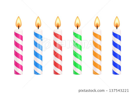 3d Colorful striped birthday candles with flames. 137543221