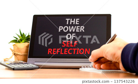 Self reflection symbol. Concept words Success begins with self reflection on beautiful tablet's screen. Beautiful white background. Business success begins with self reflection concept. Copy space. 137543226