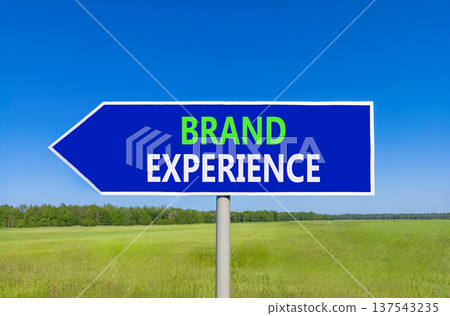 Brand experience symbol. Concept words Brand experience on beautiful blue road sign. Beautiful blue sky green grass field background. Business branding and brand experience concept. Copy space. Brand experience symbol. Concept words Brand experience on beautiful blue road sign. Beautiful blue sky green grass field background. Business branding and brand experience concept. Copy space. 137543235