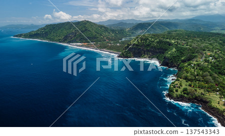 Drone shot of scenic coastal view in East Bali, paradise scenic coastline Drone shot of scenic coastal view in East Bali, paradise scenic coastline 137543343