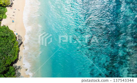 Sunny day on tropical beach with blue ocean. Aerial top down view Sunny day on tropical beach with blue ocean. Aerial top down view 137543344