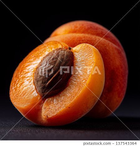 Fresh apricot half with pit isolated on black background 137543364