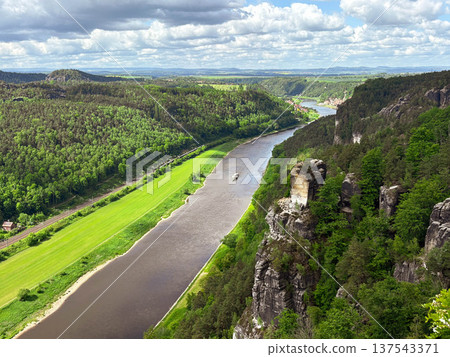 panoramic landscape of a river valley with lush meadows and forest 137543371
