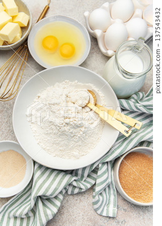 Baking ingredients preparing dough for homemade recipe Baking ingredients preparing dough for homemade recipe 137543432