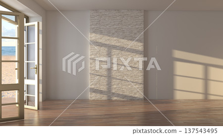 Empty Coastal Room With Stone Wall And Open Beach Door 137543495