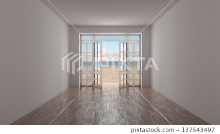 Empty Beachfront Room With Open French Doors And Ocean View 137543497