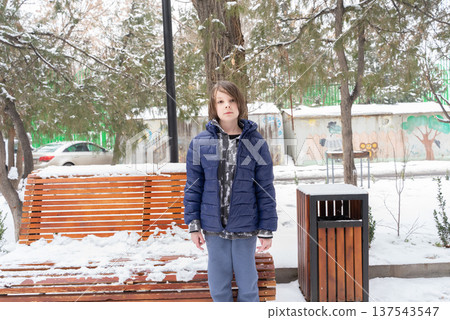 Young boy in a blue puffer jacket standing outdoors in a snowy park. Winter portrait of a child 137543547