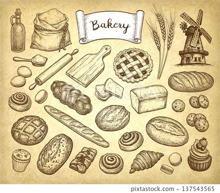 Hand Drawn Bakery Set with Bread and Pastries Hand Drawn Bakery Set with Bread and Pastries 137543565
