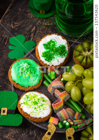 St. Patricks Day party food, green beer and shamrock St. Patricks Day party food, green beer and shamrock 137543620