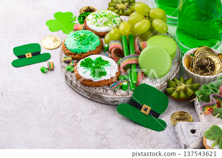 St. Patricks Day party food, green beer and shamrock St. Patricks Day party food, green beer and shamrock 137543621