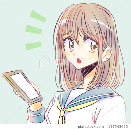 A relaxed female student holding a smartphone is troubled and talks A relaxed female student holding a smartphone is troubled and talks 137543653