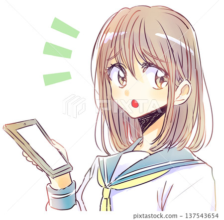 A relaxed female student holding a smartphone is troubled and talks A relaxed female student holding a smartphone is troubled and talks 137543654