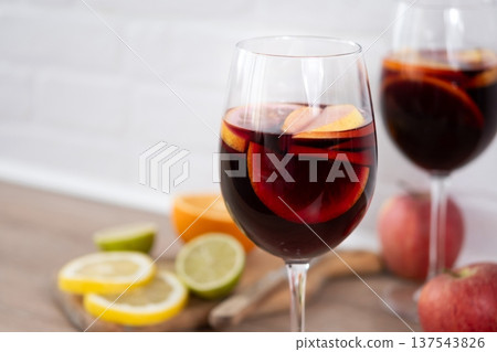 Sangria cocktail with fresh fruit Sangria cocktail with fresh fruit 137543826