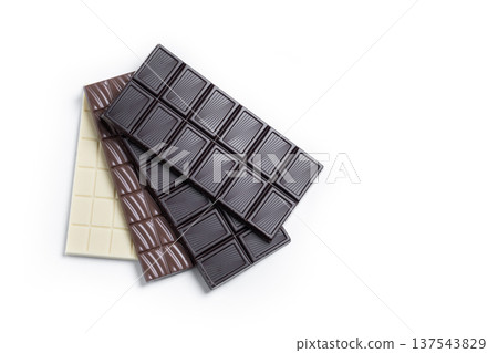 Assortment of white, milk and dark chocolate pieces Assortment of white, milk and dark chocolate pieces 137543829