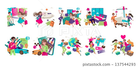 Colorful vector illustration showcasing lively travel booking and package delivery scenes. Dynamic graphics depict characters engaging in planning trips, making bookings, and receiving parcels. Colorful vector illustration showcasing lively travel booking and package delivery scenes. Dynamic graphics depict characters engaging in planning trips, making bookings, and receiving parcels. 137544293