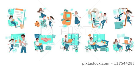 Vector illustration set depicting various business and finance activities. Characters interact with financial tools and technology in professional settings, showcasing modern financial management Vector illustration set depicting various business and finance activities. Characters interact with financial tools and technology in professional settings, showcasing modern financial management 137544295