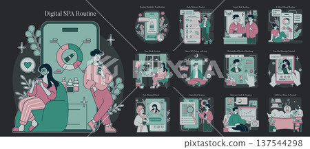 Vector illustration showing digital SPA routines incorporating skincare tracking apps, mood-based sequences, personalized products, and relaxation reminders for effective wellness management. 137544298