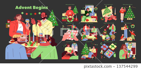 Vector illustration depicting various Advent activities. Scenes include wreath making, gift planning, decorating, and candle lighting with a family gathered for a festive meal and celebrating Advent Vector illustration depicting various Advent activities. Scenes include wreath making, gift planning, decorating, and candle lighting with a family gathered for a festive meal and celebrating Advent 137544299