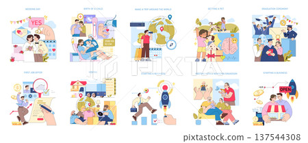 Vector illustration set depicting major life events celebrating happiness. Scenes include weddings, childbirth, travel, getting a pet, graduation, and new job offers, capturing joyful expressions. 137544308