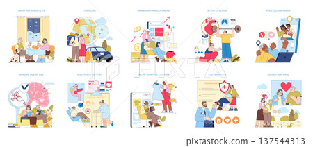 Elderly couple with their family enjoying leisure at home, sharing laughter and snacks by the window with a dog nearby. Vector illustration highlights warmth and happiness in retirement. Elderly couple with their family enjoying leisure at home, sharing laughter and snacks by the window with a dog nearby. Vector illustration highlights warmth and happiness in retirement. 137544313