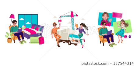 Vector illustration showcasing online collaboration, communication, and travel planning. Three scenes depict video calls and journey preparation, highlighting virtual interaction and logistics. Vector illustration showcasing online collaboration, communication, and travel planning. Three scenes depict video calls and journey preparation, highlighting virtual interaction and logistics. 137544314