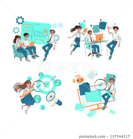 Vector illustration showcasing a team collaborating on business strategies, setting targets, and analyzing data. Highlights teamwork, focus on goals, and technological innovation in a workplace Vector illustration showcasing a team collaborating on business strategies, setting targets, and analyzing data. Highlights teamwork, focus on goals, and technological innovation in a workplace 137544317