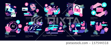 Vector illustration set depicting digital control, verification, content moderation, access denial, and data privacy. Concepts include user tracking, encryption, and algorithmic control. 137544318