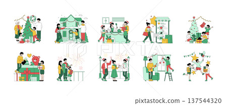 Vector illustration series highlighting festive family activities and holiday preparations. Scenes include decorating, baking, shopping, and celebrating, capturing joyful holiday moments. Vector illustration series highlighting festive family activities and holiday preparations. Scenes include decorating, baking, shopping, and celebrating, capturing joyful holiday moments. 137544320
